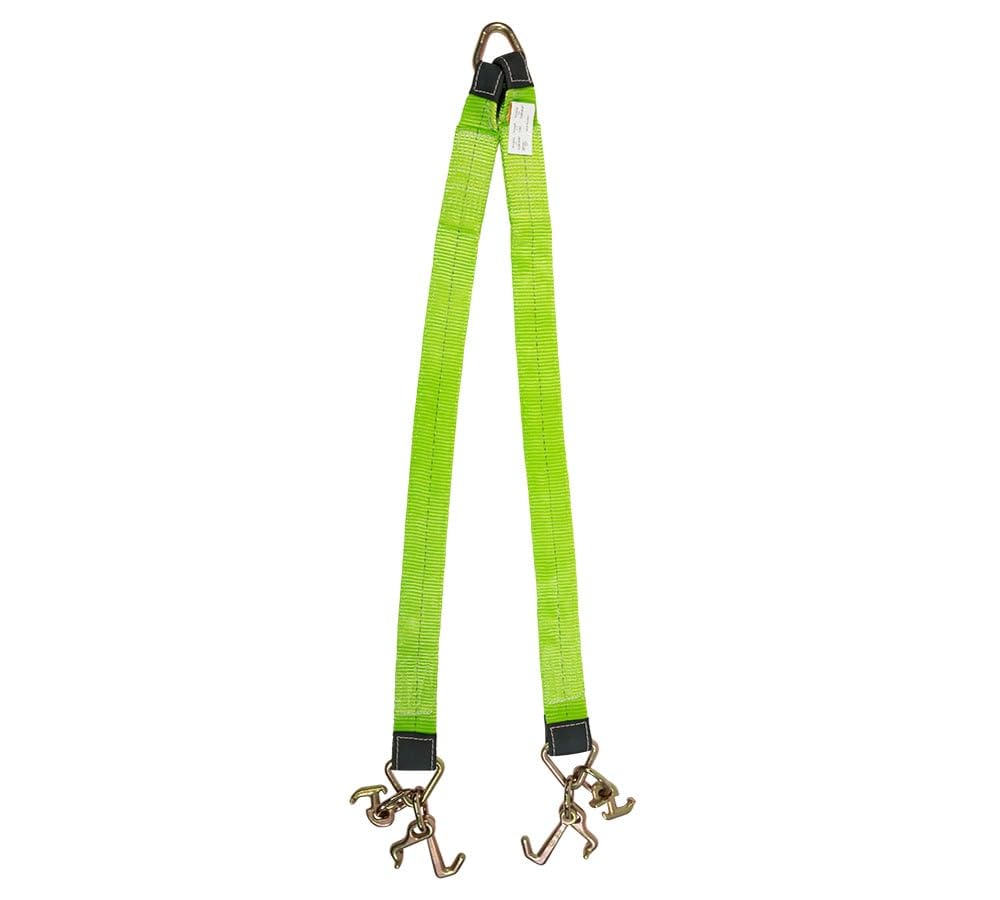 Mytee Products Tow Straps V Bridle 3" x 48" w/RTJ Clusters, Hi VIZ/HI Abrasion Green Webbing, 5400 lbs WLL | Recovery V Strap w/Reinforced Webbing for Towing, Wrecker, Rollback, Car Hauler