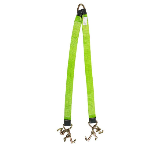 Mytee Products Tow Straps V Bridle 3" x 48" w/RTJ Clusters, Hi VIZ/HI Abrasion Green Webbing, 5400 lbs WLL | Recovery V Strap w/Reinforced Webbing for Towing, Wrecker, Rollback, Car Hauler