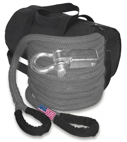 U.S. made GUNMETAL GREY Safe-T-Line® Kinetic Recovery (Snatch) ROPE - 1 inch X 30 ft with Receiver Shackle Bracket & HD Carry Bag (4X4 VEHICLE RECOVERY)