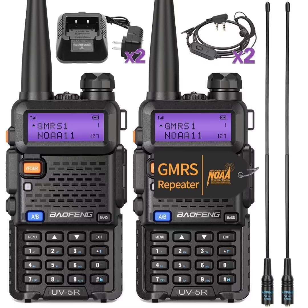 BAOFENG UV-5R GMRS Handheld Radio Long Range Rechargeable UV-5G Two Way Radio,GMRS Repeater Capable with NOAA Weather Receiving & Scanning and Earpiece,Support Chirp(Black-2Pack)