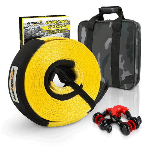 AUREOLE Heavy Duty Tow Strap Recovery Rope Kit 3" x 30ft Snatch Straps Lab Tested 35,000lb Break Strength, 22% Elongation 100% Nylon Strap + 3/4 D Ring Shackles (2 Pack) with 4 Washers + Storage Bag 3"x30'Kit(Yellow)