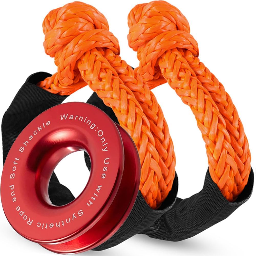 Soft Shackle Recovery Kit, 1/2" X 22" Soft Shackle, 56000LBS Recovery Ring Kit for ATV, UTV, SUV, Truck, Off-Road Vehicle (2 pack soft shackle,1 Red Ring) 1 set Red Ring Orange Shackle