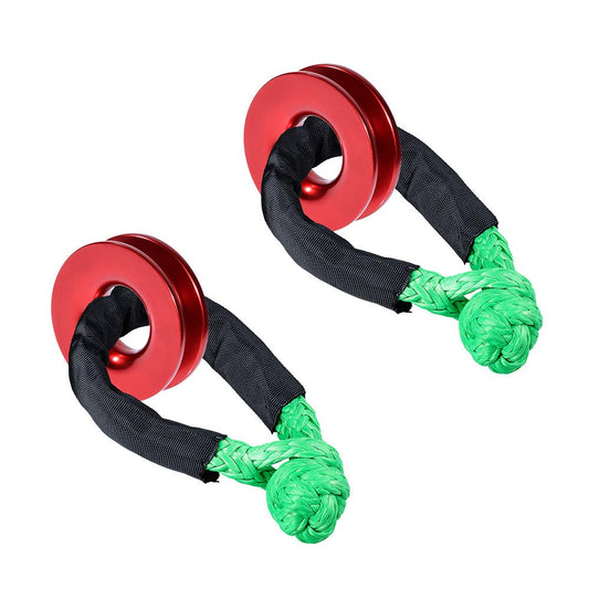 (2X Green) Pair 22" 1/2" Synthetic Winch Rope Towing Soft Shackle + 2PCs Red Aluminum Recovery Snatch Ring 41,000LB Pulley Roller 2X Soft shackles + 2X Ring Green + Red