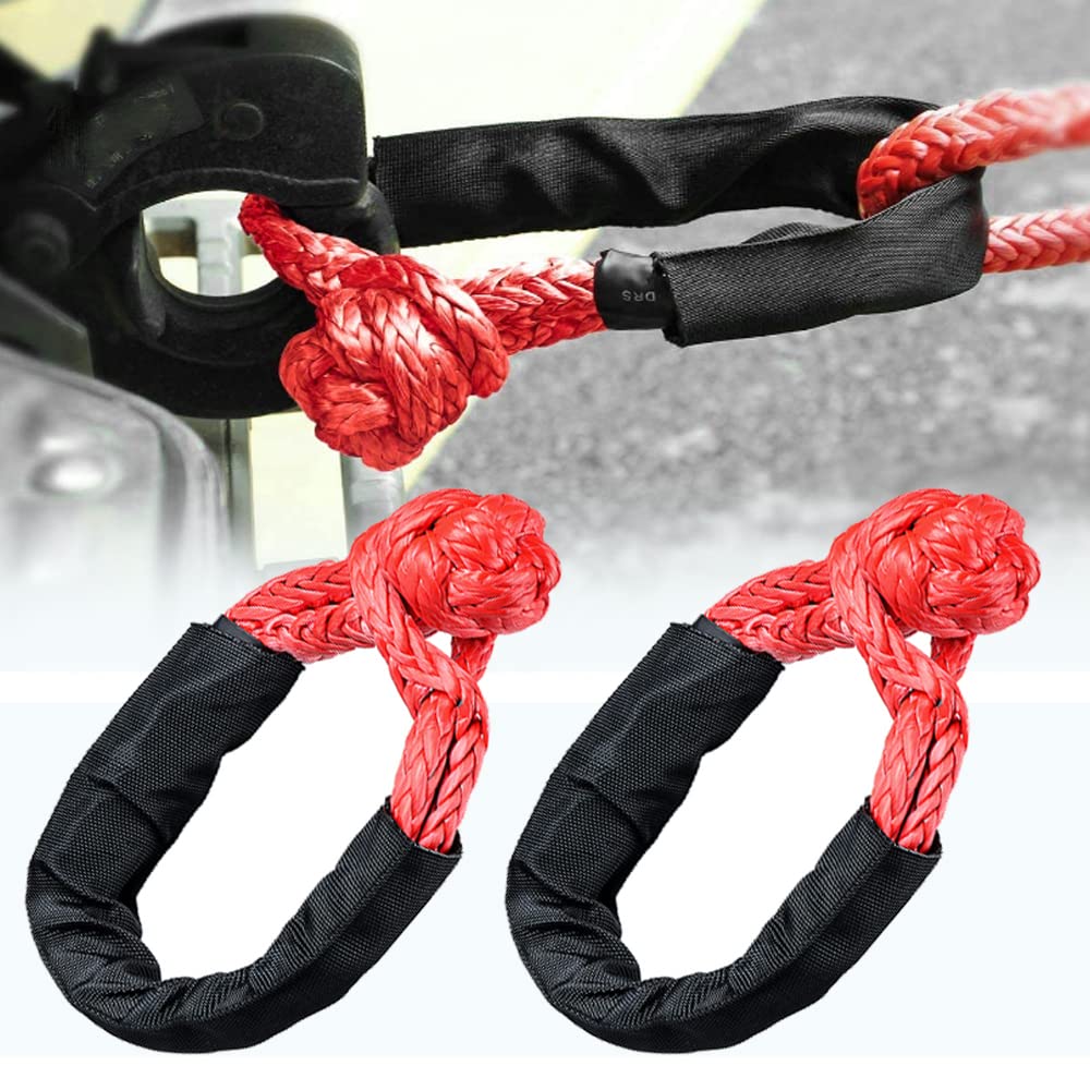 Set 2pcs RED 1/2 inch Synthetic Soft Shackle Winch Rope with Protective Sleeve 38,000LBs for Recovery Towing Off-Road