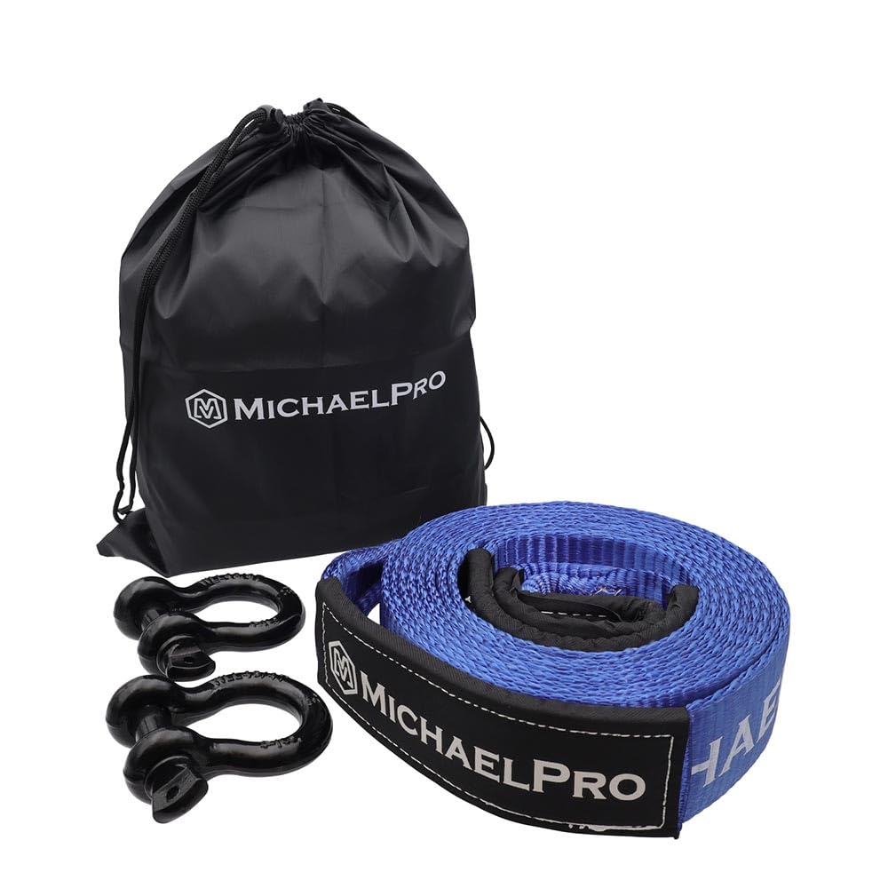 MichaelPro 3" x 20' Heavy Duty Tow Strap with D-Ring Shackles, 30,000 lb Break Strength, Tow Ropes for Trucks, Jeep, Boat, Moving Huge Loads, Offroading, Emergencies, Hauling Jobs | MP021005