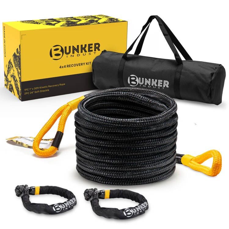 BUNKER INDUST 30ft Kinetic Recovery Rope & Soft Shackles Kit for Offroad Vehicles