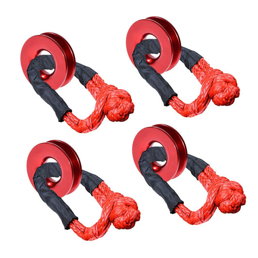 Combo RED: (4X) 22" 1/2" Synthetic Winch Rope Towing Soft Shackle + 4PCs Recovery Snatch Ring 41,000LB Pulley Roller