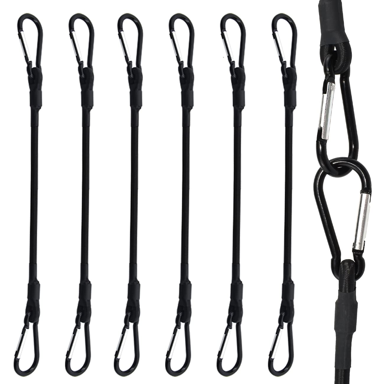 Bungee Cords with Carabiner Hooks, ZESE Black Heavy Duty Latex Bungie Straps, Extra Strong Lastic Rope for Tents, Cargo, Tarp, Trailers, Luggage, Bike Rack (6 PCS, 24 Inch)