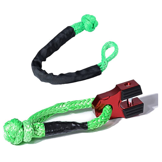 Combo (2X Green) 22" 1/2" Synthetic Winch Rope Towing Soft Shackle + RED Billet Flat Winch Shackle Hook Mounting Assembly