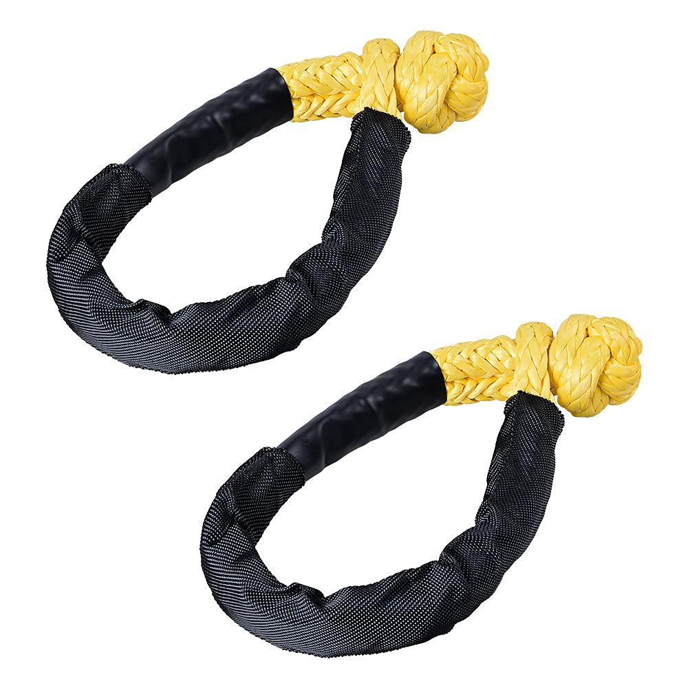 2pcs 1/2" x 22" Yellow Recovery 4WD Soft Shackle Winch Rope UHMWPE 38,000LBS WLL 7.5Tons for Tow Winch Strap Off Road Jeep Truck SUV