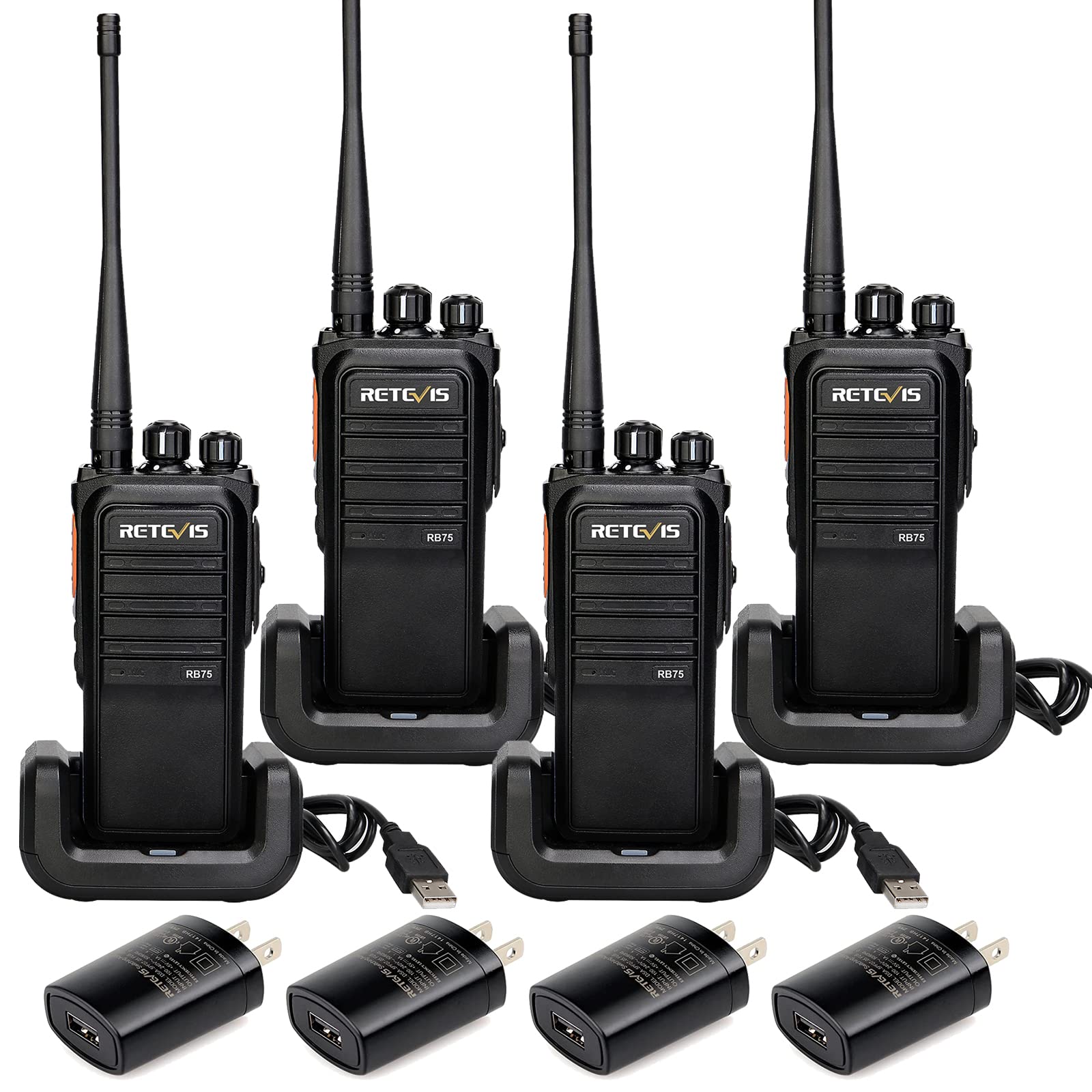 Retevis RB75 Walkie Talkies Long Range for Adults,5W High Power GMRS Radio,4500mAh Battery, Heavy Duty Two Way Radio,USB Charging,Waterproof Walkie Talkies for Construction Warehouse Factory(4 Pack)