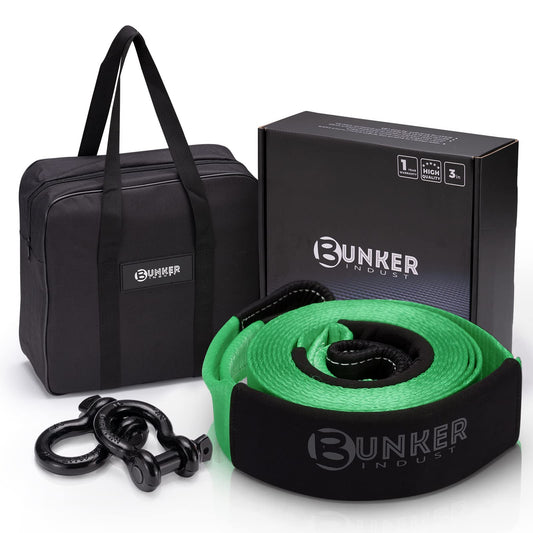 BUNKER INDUST Tow Strap Recovery Kit,3" x 20ft 30,000 lbs Heavy Duty Snatch Strap+Pair 3/4 D Ring Shackles + Bag,4WD Off Road Accessories Winch Tree Saver Strap for Jeep ATV UTV SUV Truck(Green) 3"x 20'Strap + Shackles