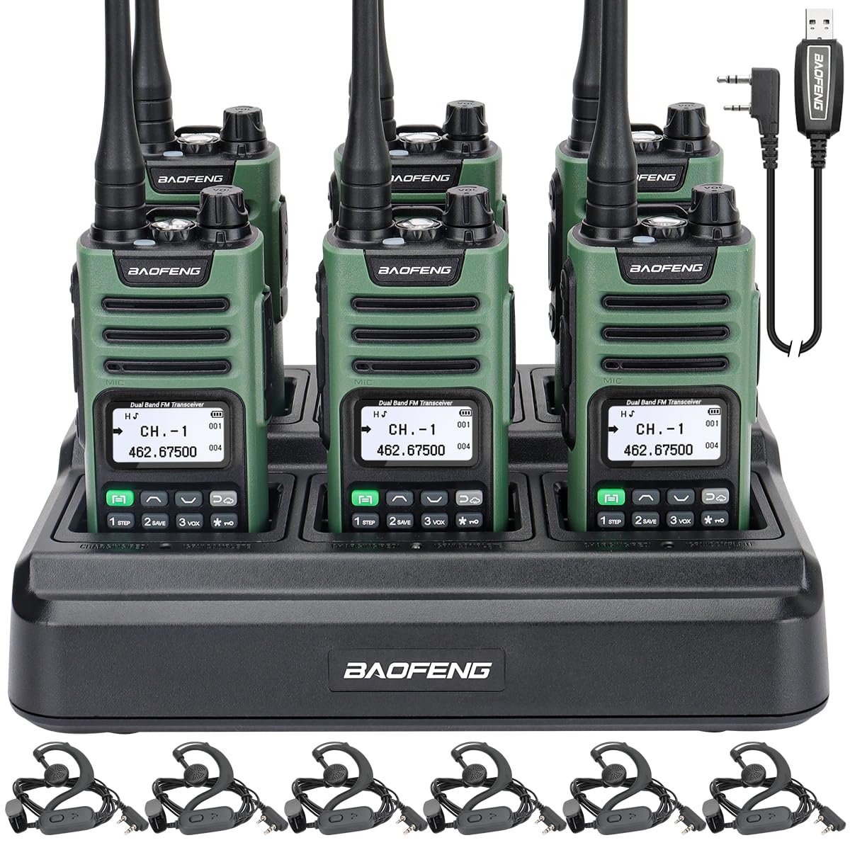 6Pack BAOFENG GMRS Radio GM-15 Pro(Upgrade of UV-5R),NOAA Weather Receiver & Scan Radio Rechargeable Long Range Two Way Radio Handheld Radios with Six-Way Multi-Unit Charger and Programming Cable