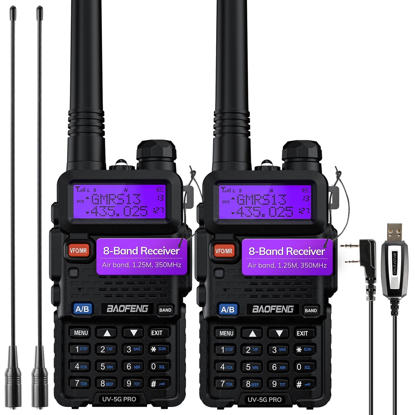 BAOFENG UV-5G PRO GMRS Handheld Radio, UHF/VHF/Airband/220MHz/350MHz Scanner & Receiver, GMRS Repeater Capable, Long Range Two Way Radio with Programming Cable 15.5” Antenna, Support Chirp, 2 Pack 2 Pack + 2 x 15.5" Antenna+Cable