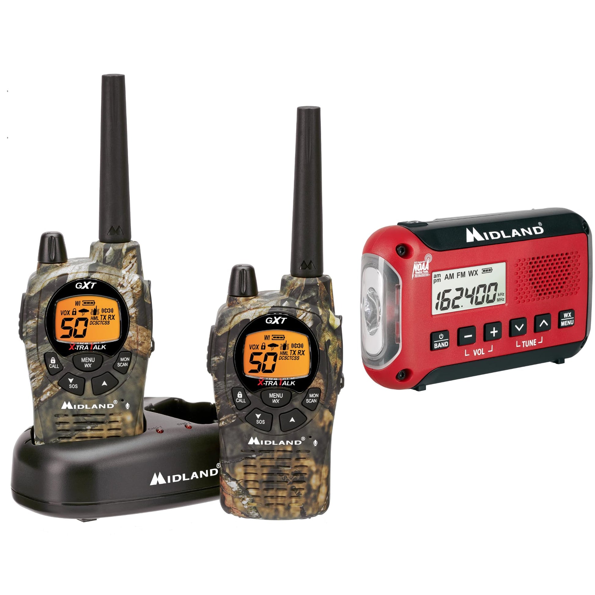 Midland - ER10VP Weather Radio with Flashlight & Emergency Alert with GXT1050VP4 Handheld GMRS 50 Channel Two Way Radio - Long Range Walkie Talkies (Camo 2-Pack)