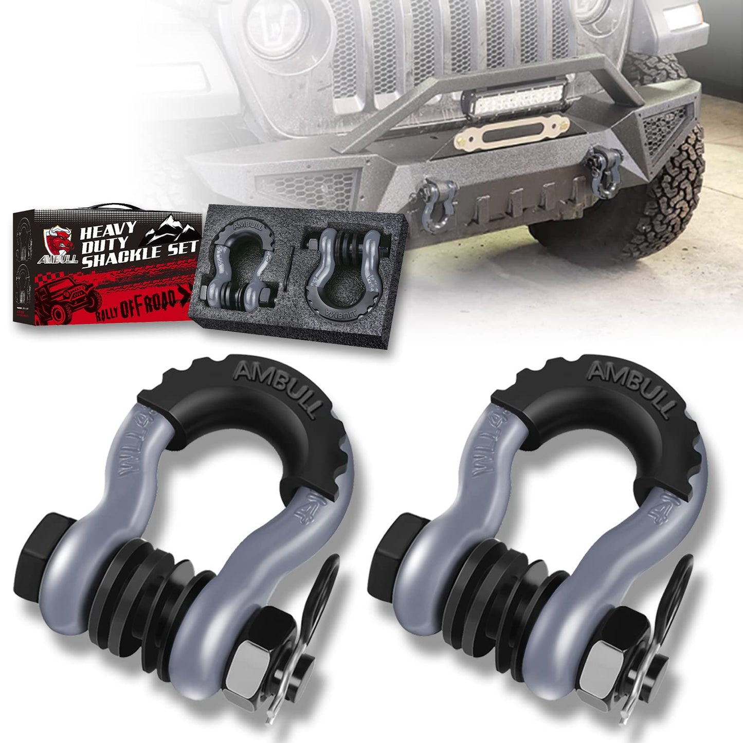 Shackles 3/4 Inch D Ring Shackle (2 Pack) 45,000lb Break Strength with 7/8 Inch Pin, Isolator and Washer Kits for Use with Tow Strap, Winch, Off-Road Jeep Truck Vehicle Recovery, Grey