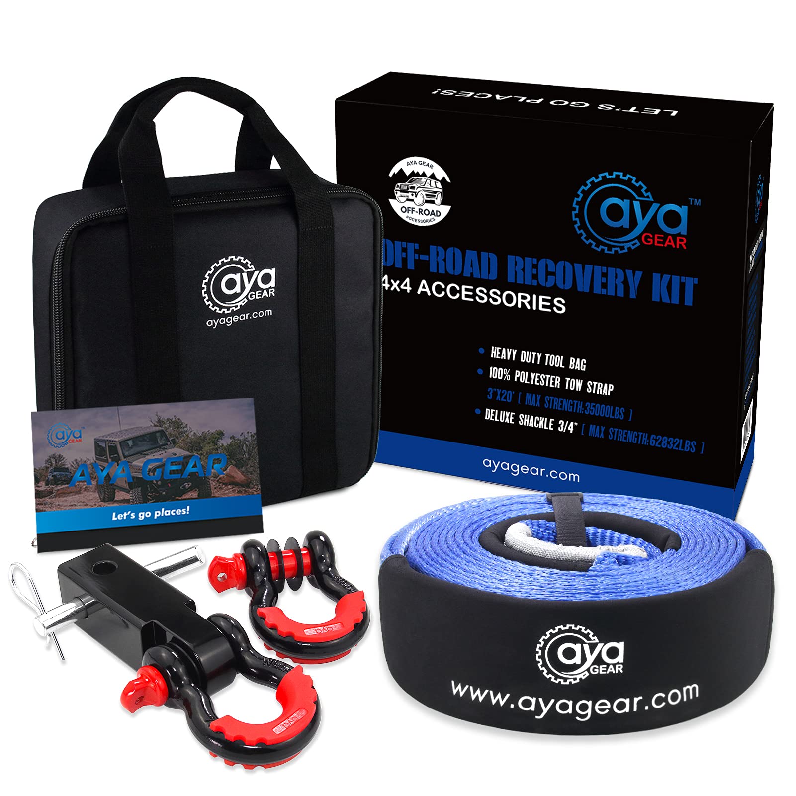 Off Road Recovery Gold Kit | 3" x20' (35,000 lbs) 100% Nylon Tow Strap + 2" Shackle Hitch Receiver + 3/4 Shackles (2pcs) with Isolator +Storage Bag| Recovery Gear Combos 4x4 Winch Accessor 3" x 20' Strap with Two Shhacle and hitch receiver