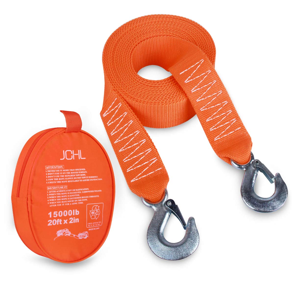 Tow Strap Heavy Duty with Hooks 2”x20’ 15,000LB Recovery Strap 6,8 Tons Towing Strap with Safety Hooks Polyester 2inX20Ft-15,000LB