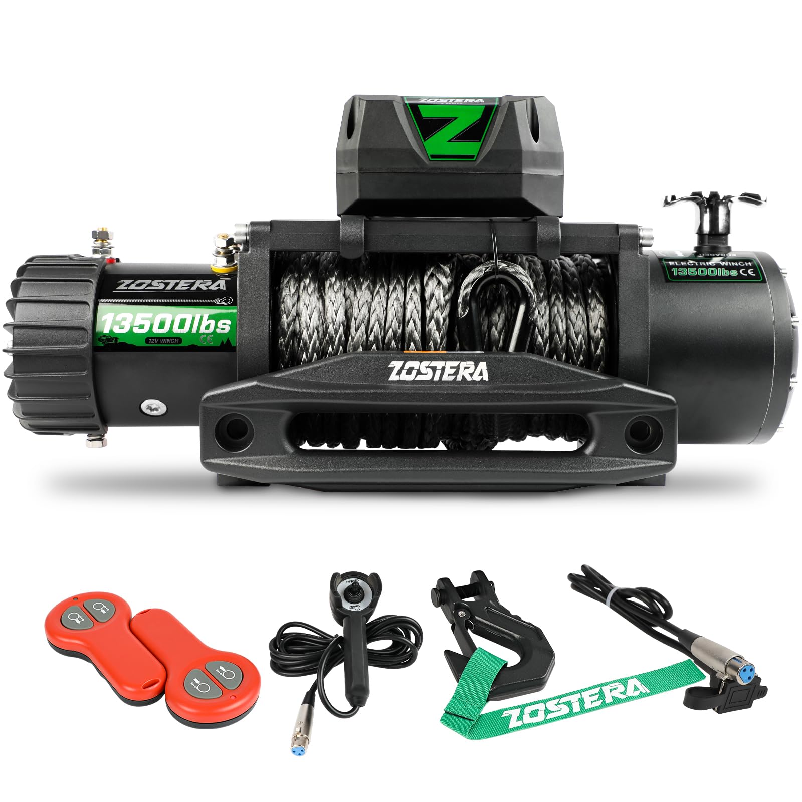 13500LBS 12V Electric Winch with Synthetic Rope, with 2 Wireless Remotes and Wired Manual Switch, IP67 Waterproof,with Wired Handle Recovery Traction Tracks,with Hawse Fairlead and Hook 13500 lbs Black Synthetic Rope Winch