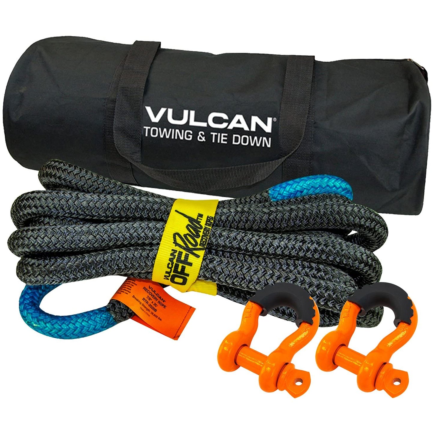 VULCAN 7/8" x 20' Off-Road Recovery Rope Kit - 28,600 lbs, Shackles & Bag