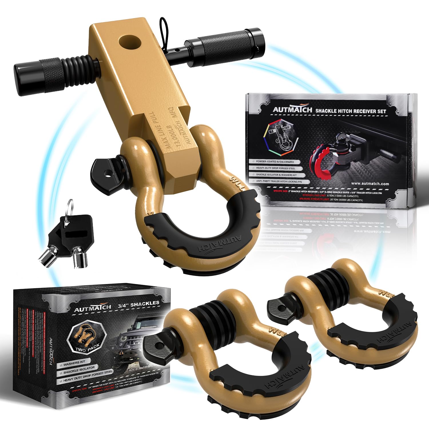 AUTMATCH Shackles 3/4" D Ring Shackle and Shackle Hitch Receiver 2 Inch with 5/8" Trailer Hitch Lock Pin, 45,000 Lbs Break Strength Heavy Duty Receiver Kit for Vehicle, Gold