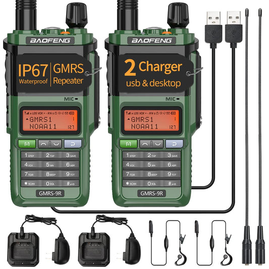 BAOFENG GMRS-9R GMRS Radio,Waterproof IP67 Two Way Radios Long Range Handheld Radio Rechargeable,Dual Band NOAA Scanner, GMRS Repeater Capable, with Type-C Charger AR-771 Antenna Headsets etc,2pack Green