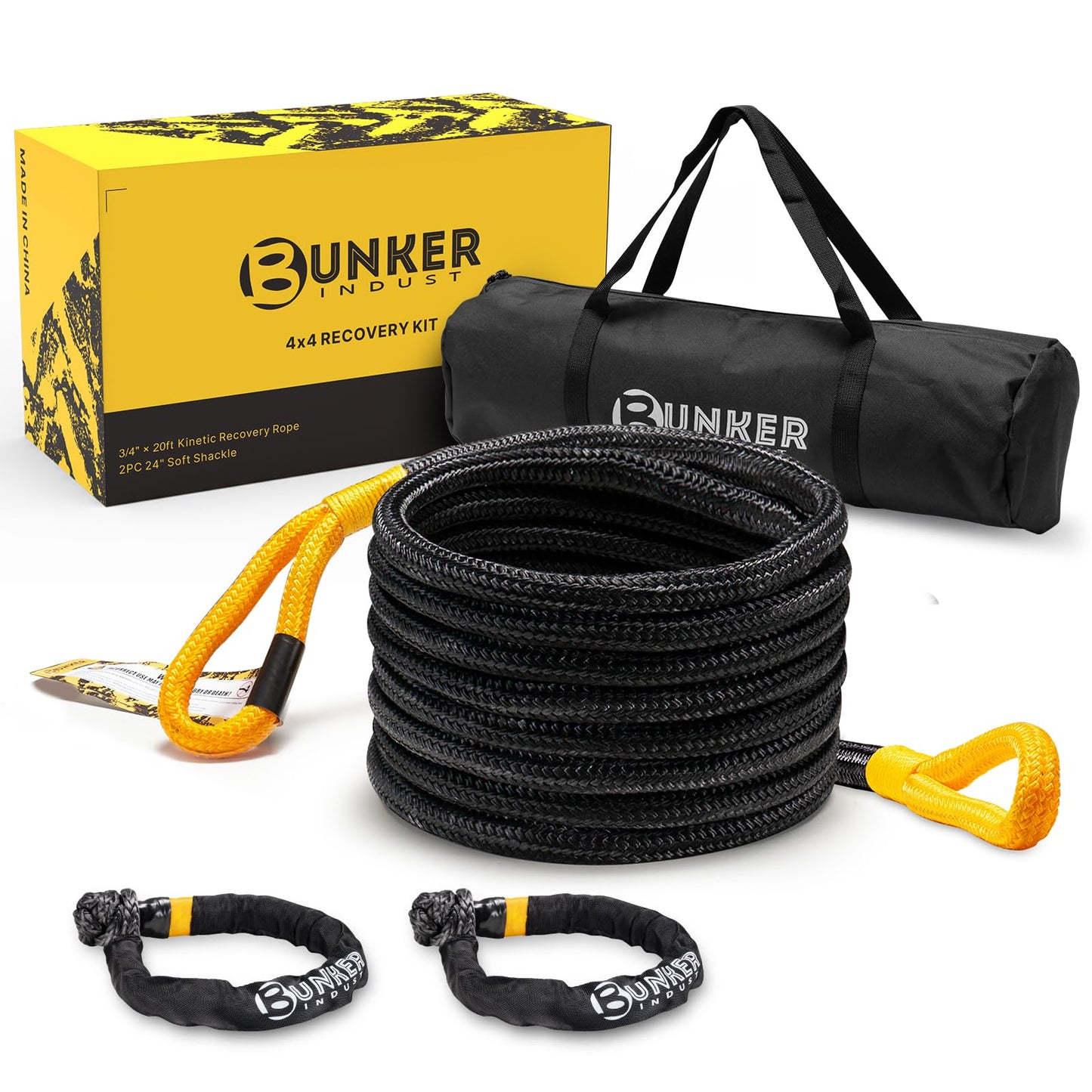 BUNKER INDUST 3/4in×20ft Kinetic Recovery Rope with 2 Soft Shackles Kit,Offroad Snatch Strap Recovery Towing Rope for UTV, ATV, Truck, Car, Jeep, Tractor