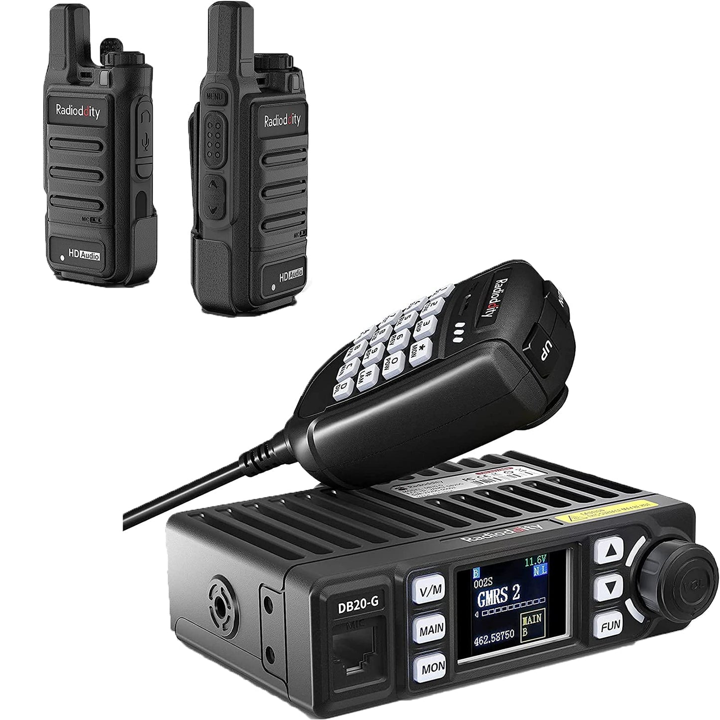 Great GMRS Radio Bundle (Radioddity DB20-G 20W Car Mobile Radio+Radioddity GM-N1 3W GRMS Handheld Radio +), Display Sync, Repeater Capable, VOX