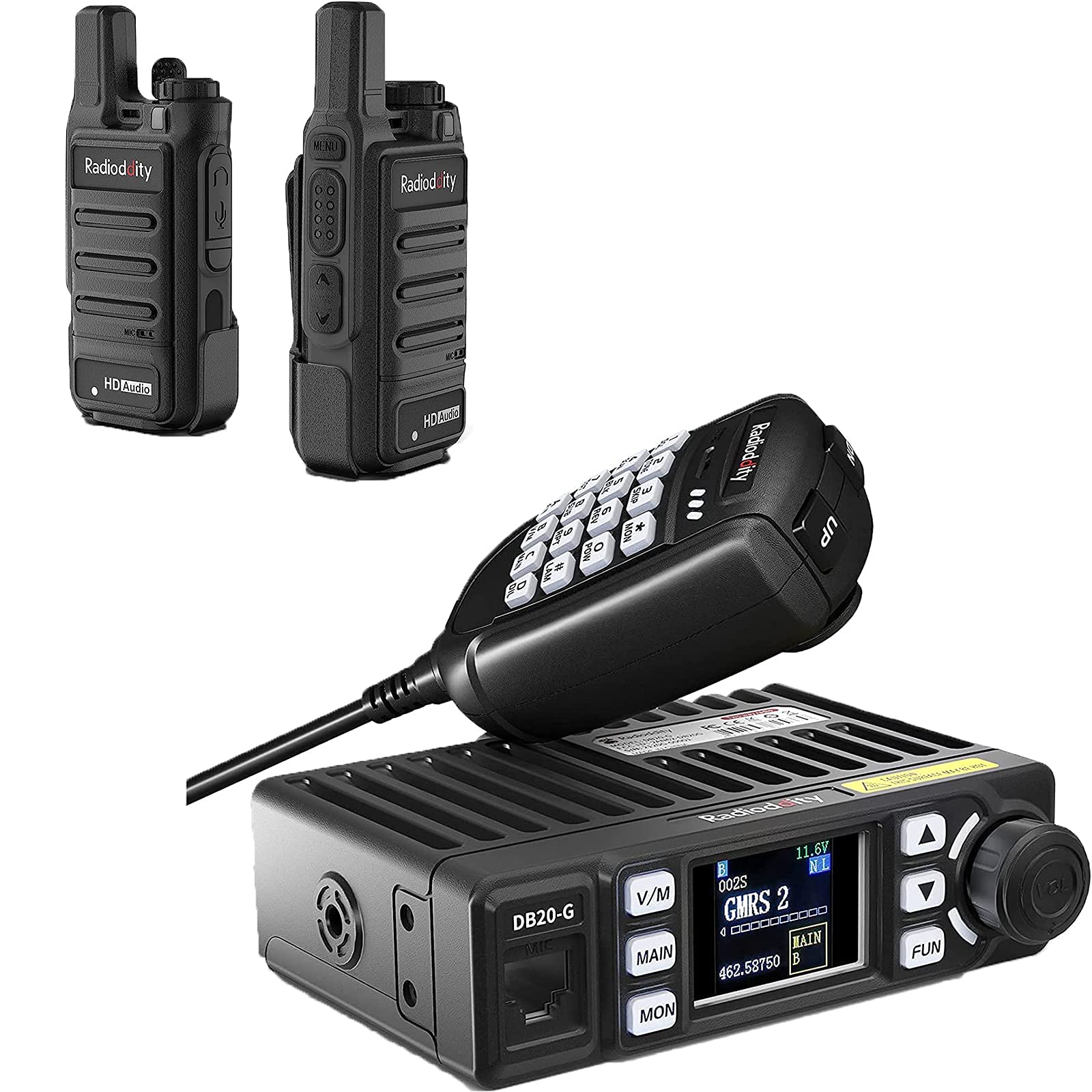 Great GMRS Radio Bundle (Radioddity DB20-G 20W Car Mobile Radio+Radioddity GM-N1 3W GRMS Handheld Radio +), Display Sync, Repeater Capable, VOX