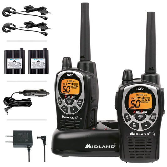 Midland GXT1000VP4 - 50 Channel GMRS Two-Way Radio - Long Range Walkie Talkie with 142 Privacy Codes, SOS Siren, and NOAA Weather Alerts and Weather Scan (Black/Silver, Pair Pack) Pair Pack - Black/Silver