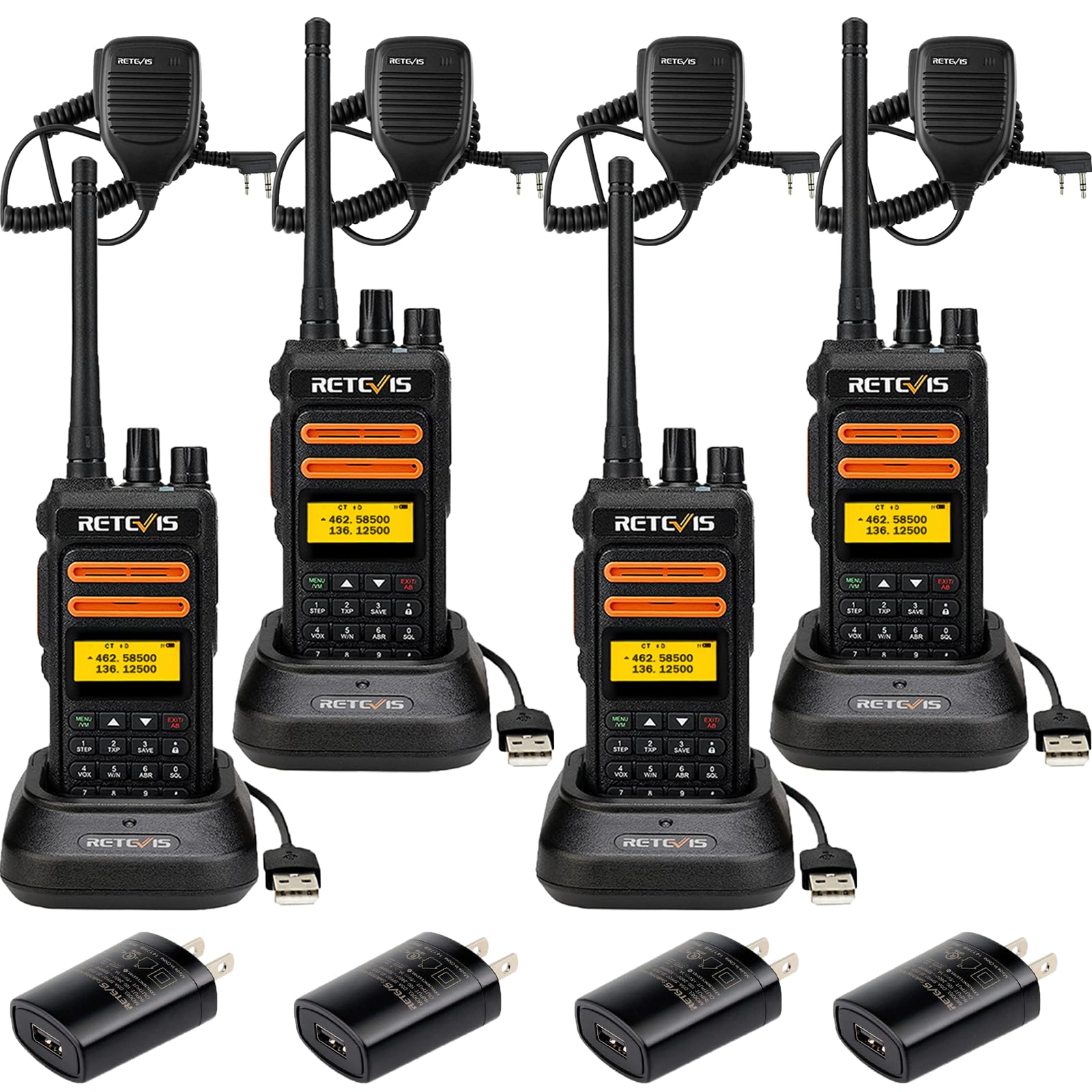 Retevis RT76P Two Way Radio Long Range 5 Watts , Business Walkie Talkies with Speaker Mics, GMRS Radio, Easy Pairing, Built in VOX, SOS, NOAA, for Constrution Jobsite Security(4 Pack)