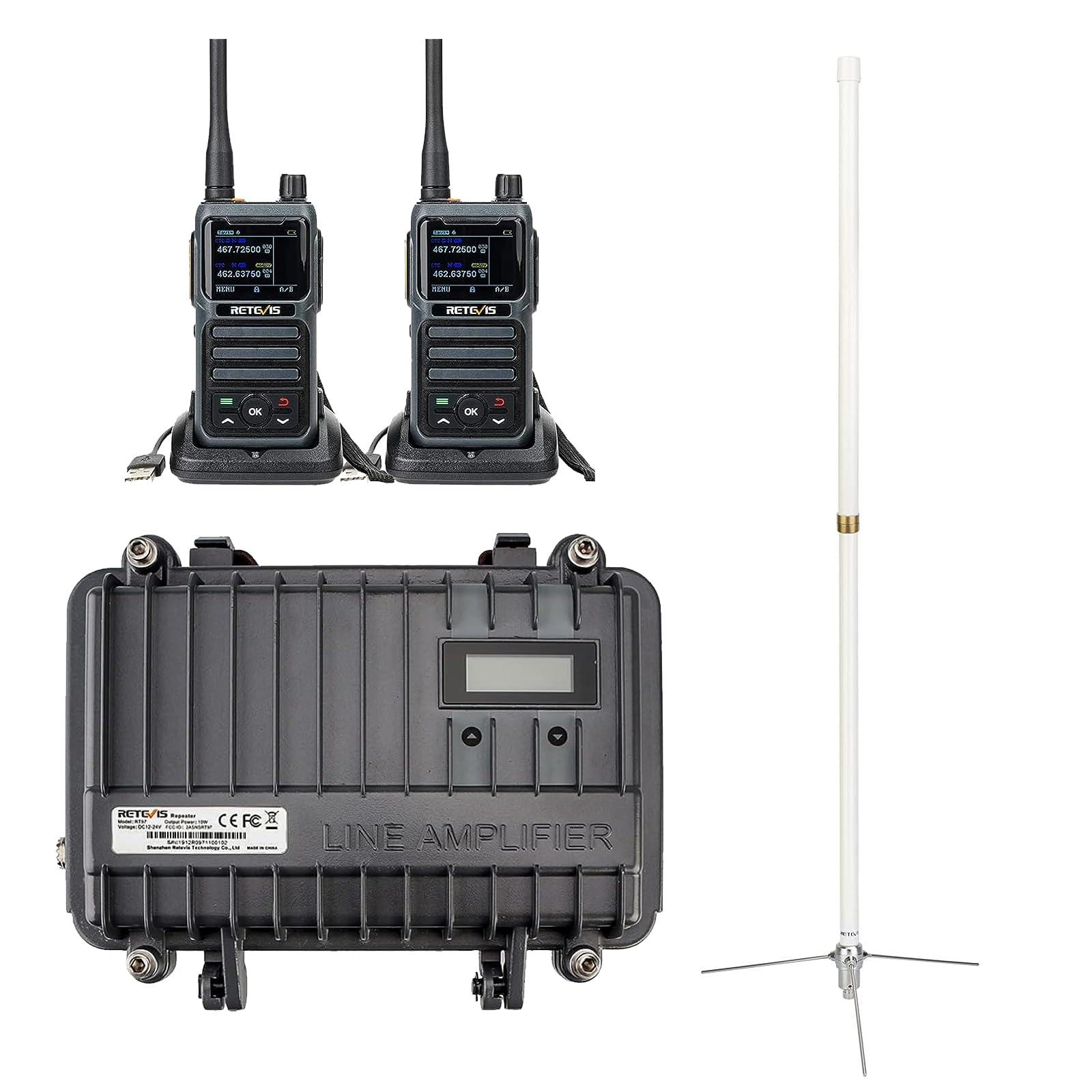 Retevis RT97 GMRS Mobile Radio Relay Communication Set, Full Duplex Radio Base Station(1 Pack) and GMRS Handheld Walkie Talkies(2 Pack) Bundle with GMRS Amateur Base Antenna(1 Pack)