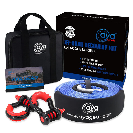 Off Road Recovery Silver Kit| 3" x 20ft Heavy Duty 30,000 lbs Tow Snatch Rope + 3/4 D Ring Shackles (2pcs)| Recovery Gear Combos 4x4 Winch Accessory Kit (3" x 20' Strap with Two Shackles)