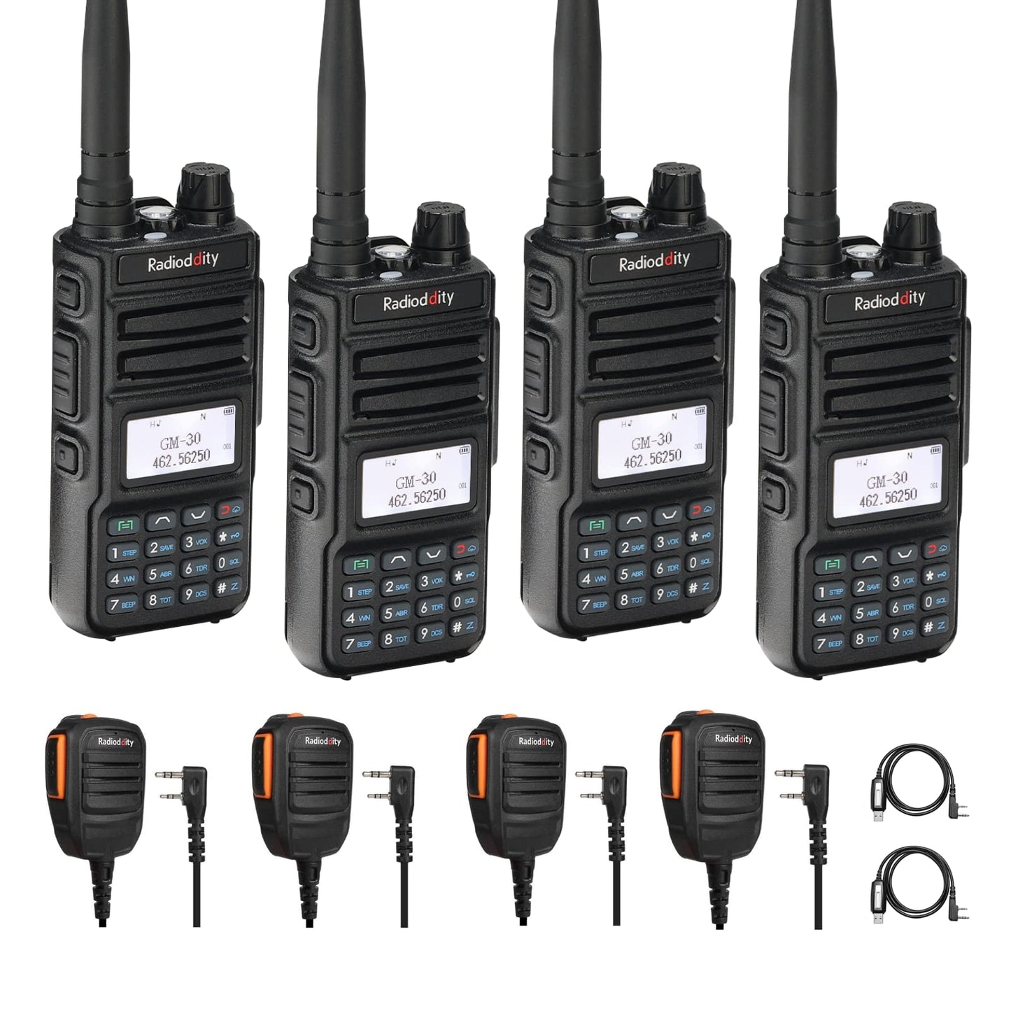 4 Pack Radioddity GM-30 GMRS Radio Handheld + 4 Radioddity RS22 Remote Speaker Mic + 2 Programming Cable