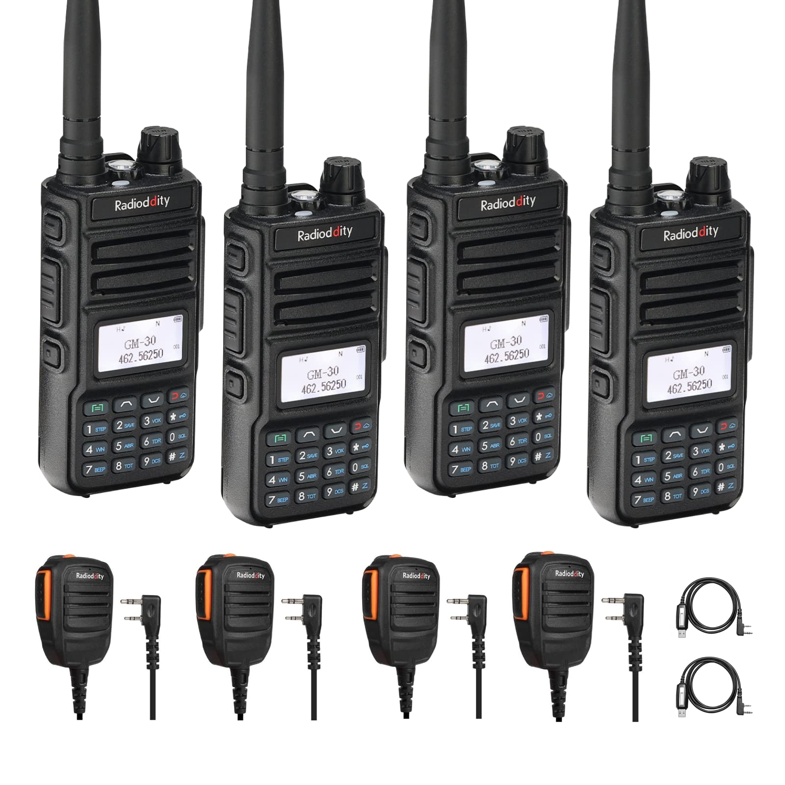 4 Pack Radioddity GM-30 GMRS Radio Handheld + 4 Radioddity RS22 Remote Speaker Mic + 2 Programming Cable