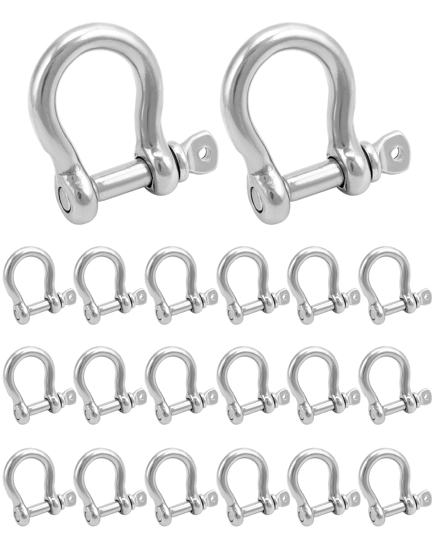 QWORK 1/4" D-Ring Shackles, 20 Pcs 304 Stainless Steel Bow Shackle, Safety Chain Shackle, Heavy Duty Anchor Shackle Chains Wirerope Lifting for Rigging, Towing, Anchor