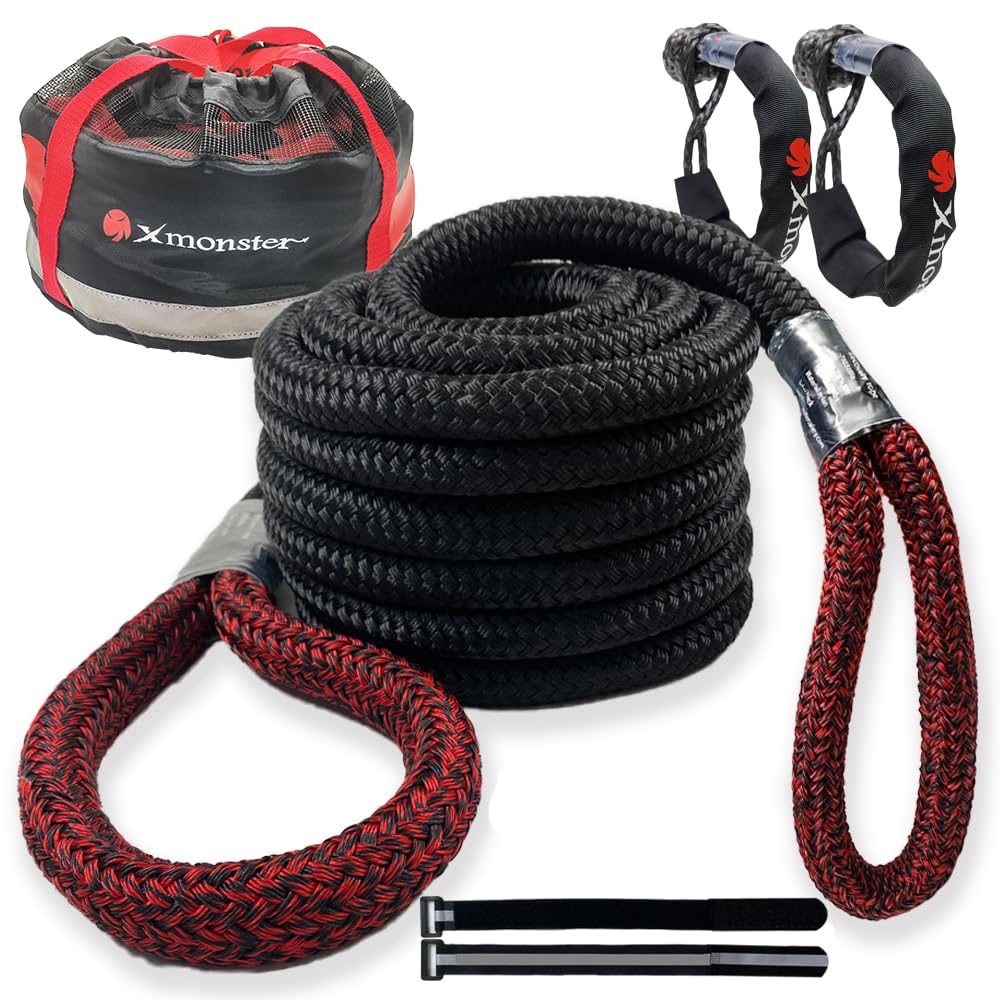 7/8" x 30' Kinetic Recovery Rope & Towing Rope - 29,000lbs Breaking Strength - Heavy Duty Off-Road Snatch Rope with 2 Soft Shackles (40,000lbs) and Free Carrying Bag