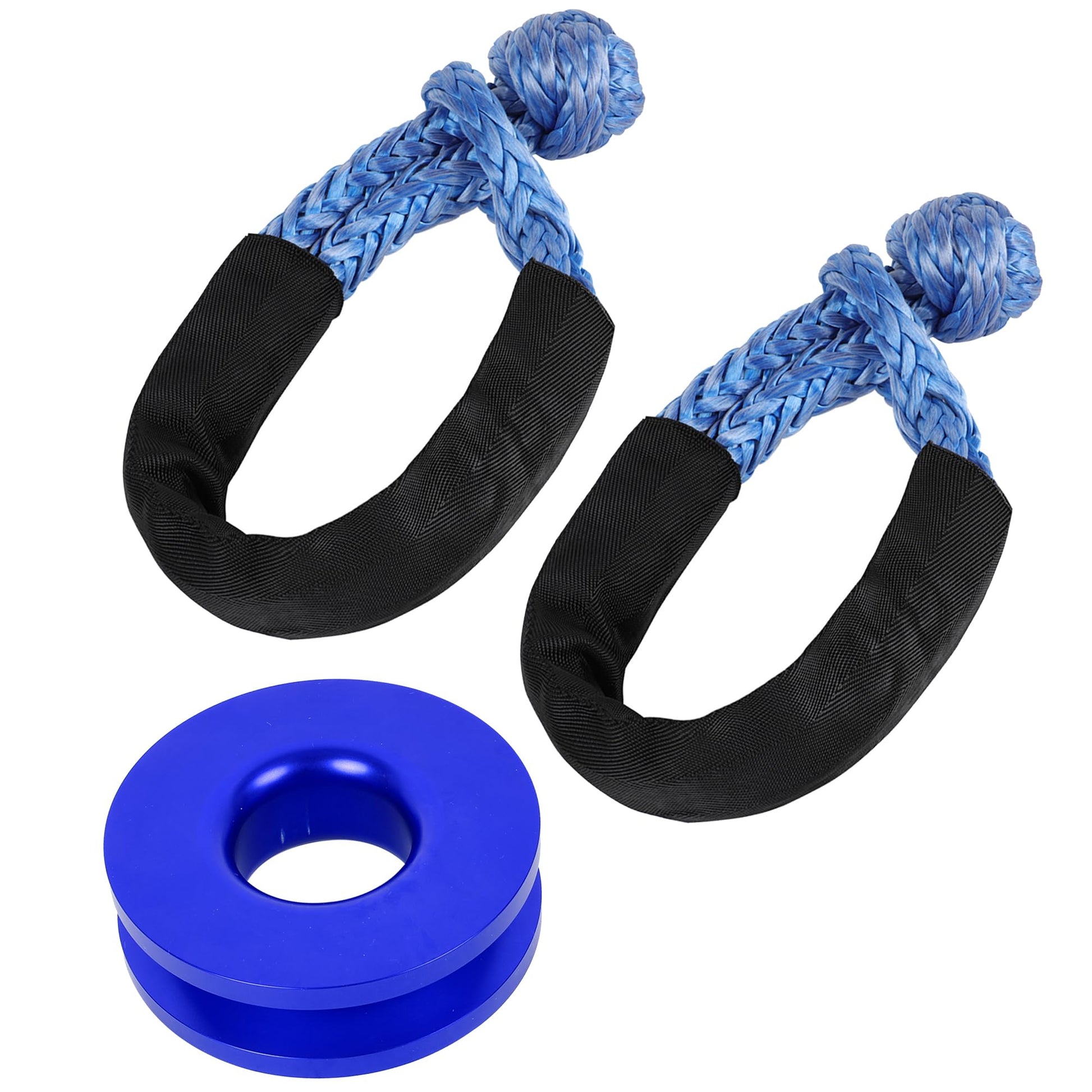 Konelia Soft Shackle 1/2 x 22 Inch Synthetic Soft Shackle Rope with Extra Sleeve and Gloves for SUV ATV Truck Off-Road Rescue (Blue, 2 Pack Soft Shackle, 1 Red Ring) 2x Soft Shackles + 1x Recovery Ring Blue