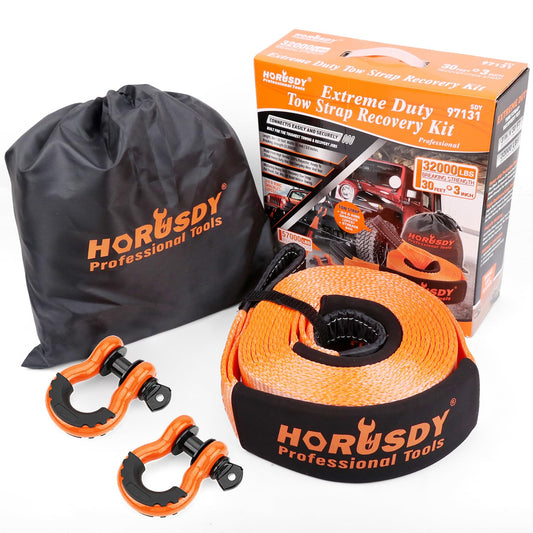 HORUSDY Nylon Heavy Duty Tow Strap Recovery Strap with Hooks 3" x 30Ft - 32,000 LBS Break Strength, 3/4 D Ring Shackles (2pcs), Recover Your Vehicle Stuck in Mud/Snow.