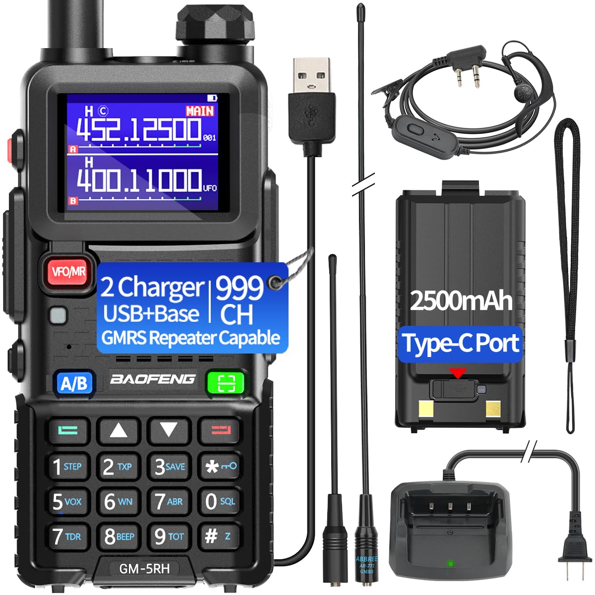 BAOFENG Radio 5RM GMRS Handheld Radio Long Range GM-5RH Rechargeable 999 Channels Walkie Talkies UV-5G Plus with GMRS Repeater Capable,NOAA Weather Receiver,Copy Frequency,Support Chirp