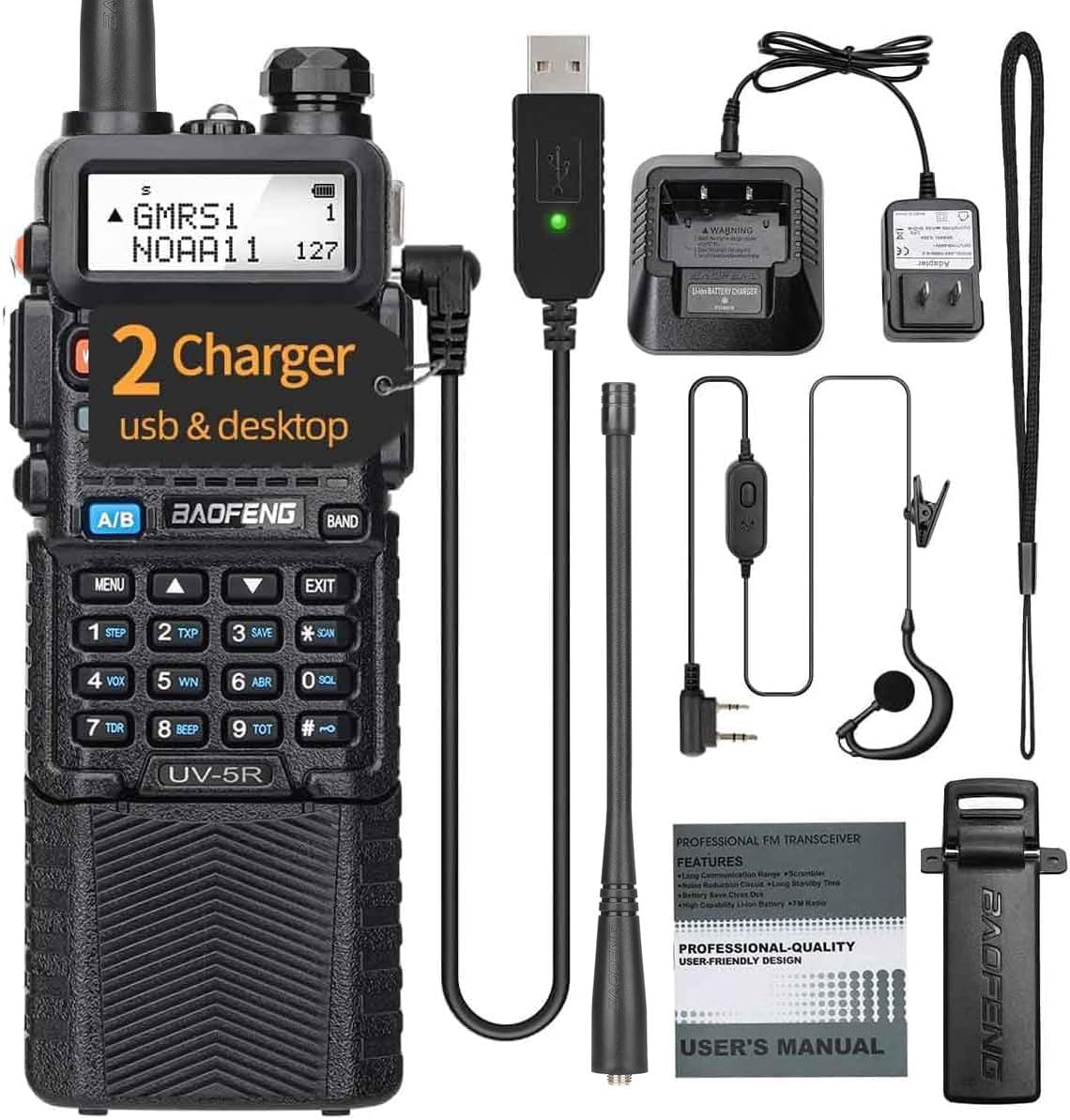 BAOFENG GMRS Handheld Radio UV-5R 3800mAh Extended Battery USB Rechargeable Two Way Radio,GMRS Repeater Capable with NOAA Weather Alerts & Scan,with USB Charging Full Set (Black-1Pack 3800mAh)