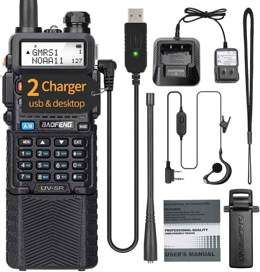 BAOFENG GMRS Handheld Radio UV-5R 3800mAh Extended Battery USB Rechargeable Two Way Radio,GMRS Repeater Capable with NOAA Weather Alerts & Scan,with USB Charging Full Set (Black-1Pack 3800mAh)