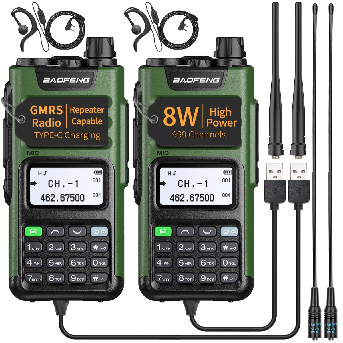 BAOFENG GM-15 Pro GMRS Handheld Radio 8W Long Range Walkie Talkie NOAA Weather Receiver & Scan Rechargeable GMRS Repeater Capable Two Way Radio with USB-C Charger Full Kit,2Pack Green-2Pack