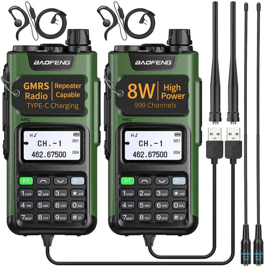 BAOFENG GM-15 Pro GMRS Handheld Radio 8W Long Range Walkie Talkie NOAA Weather Receiver & Scan Rechargeable GMRS Repeater Capable Two Way Radio with USB-C Charger Full Kit,2Pack Green-2Pack