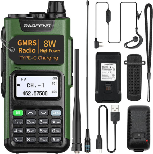 BAOFENG GMRS Radio GM-15 Pro GMRS Handheld Radio (Upgrade of UV-5R),NOAA Weather Receiver & Scan Radio,GMRS Repeater Capable, Rechargeable Long Range Two Way Radio with USB-C Charger GMRS Antenna Green