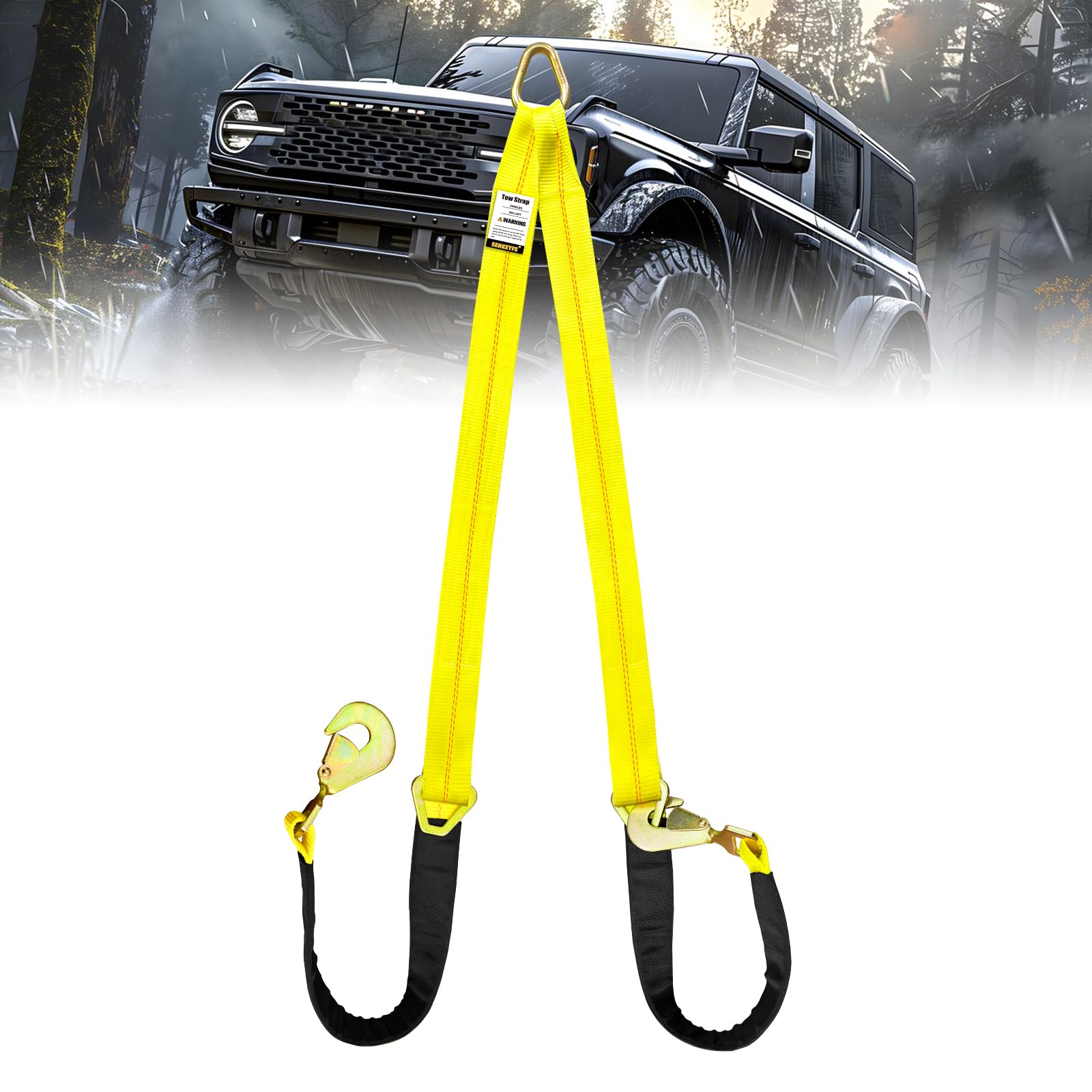 Axle V-Bridle Strap, 2" x 6' V Bridle Tow Strap 4700LBS, Axle Tie Down Straps with Snap Hooks Cordura Sleeve and Axle Straps, D Ring Middle, ATV Car Truck Recovery Tow Trailer Strap 6FT