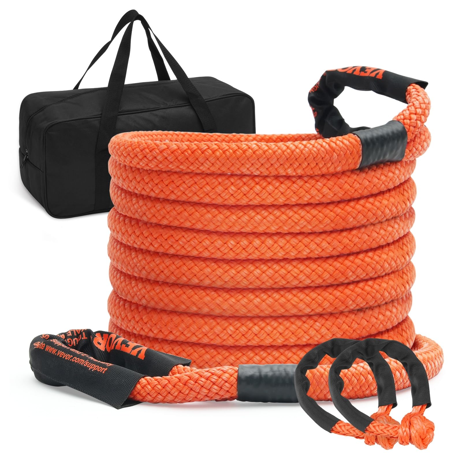 VEVOR Kinetic Recovery Rope (30580Lbs 7/8in x 30ft) Heavy-Duty Off Road Snatch Strap with 2 Soft Shackles (41750lbs) Extreme Duty 30% Elasticity Energy Snatch Strap for 4x4 Offroad Vehicle Orange 7/8" x 30'+ 2pcs Soft Shackle