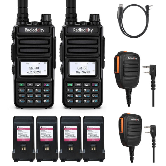 2 Pack Radioddity GM-30 GMRS Radio Handheld + 2 Extra 1500mAh GM-30 Batteries + 2 Radioddity RS22 Remote Speaker Mic + Rd-201 Programming Cable