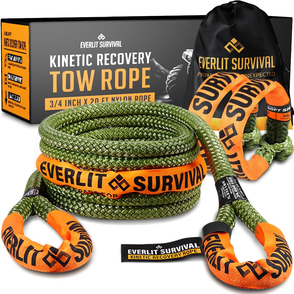 EVERLIT 3/4" X 20 Ft Survival Kinetic Recovery Rope & 2 Soft Shackles