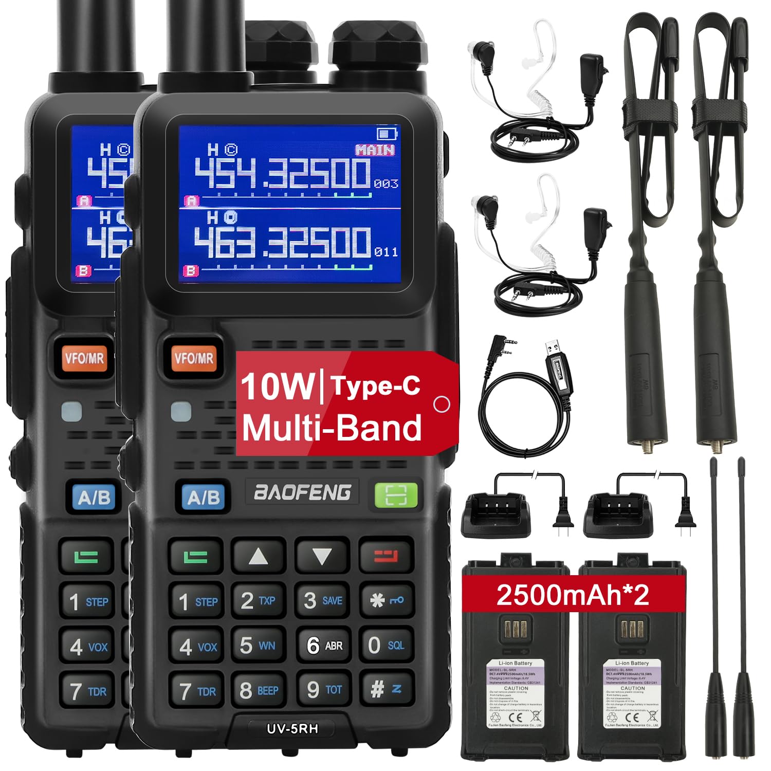 BAOFENG UV-5RM 10W Ham Radio, GMRS Handheld Radio Long Range with Tactical Antenna, Portable Two Way Walkie Talkie for Adults 5RM Multi-Band Radio with Air Duct Earpiece & 2500mAh Type-C Battery Black-2